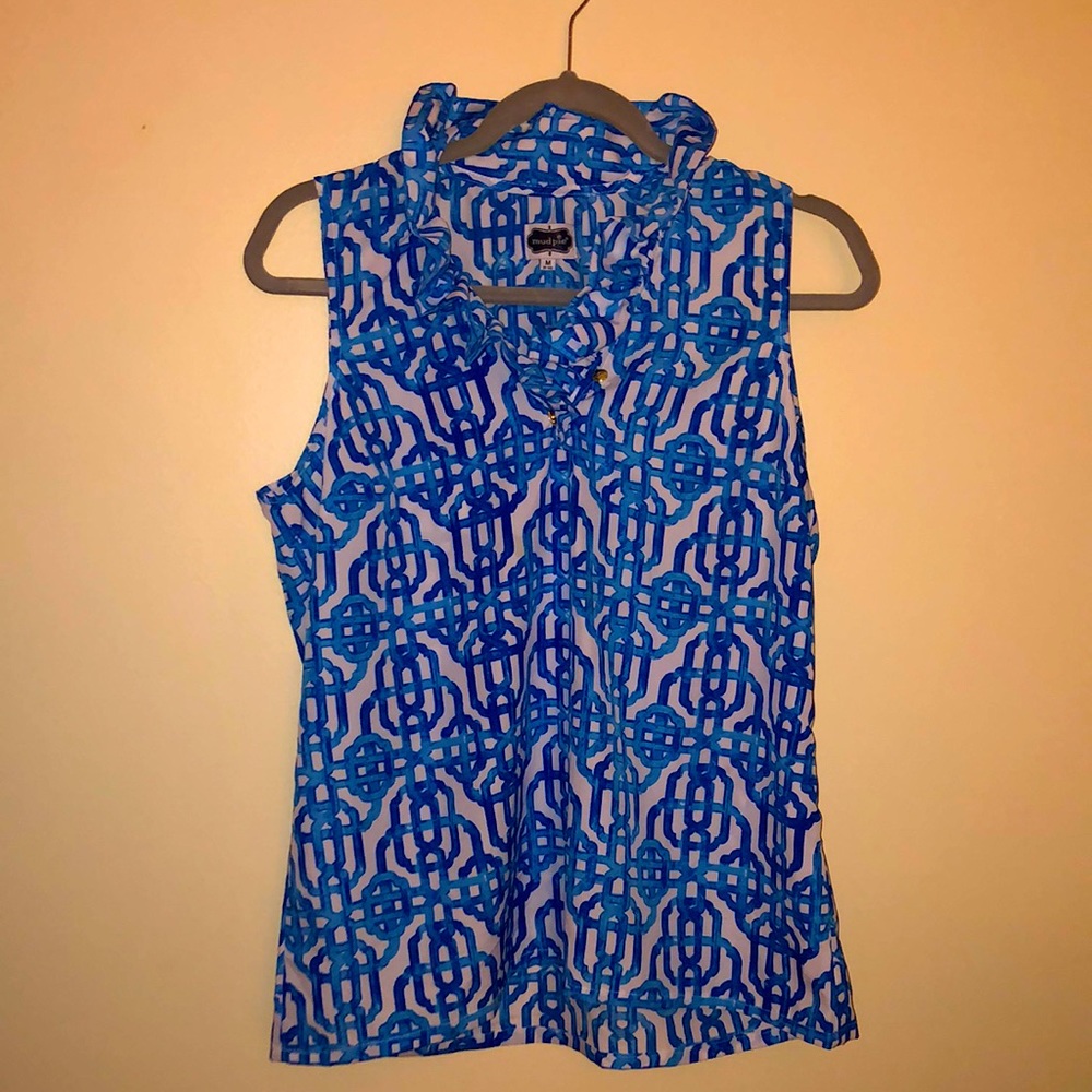 NEW Mud pie blue and white tank top. Medium with ruffle detail